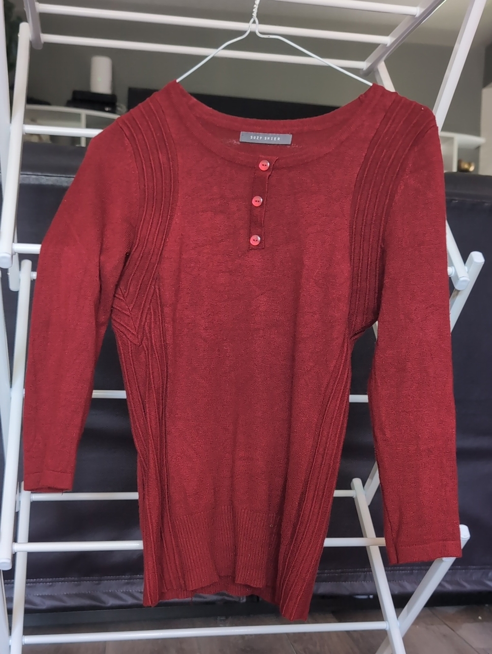 Deep Red Ribbed Henley Sweater Top